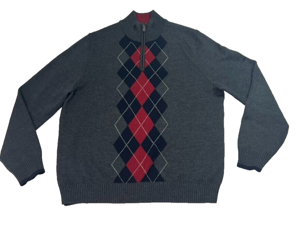 Brooks Brother Sweater Men M Gray Red 100% Merino Wool Half Zip Argyle Mock Neck